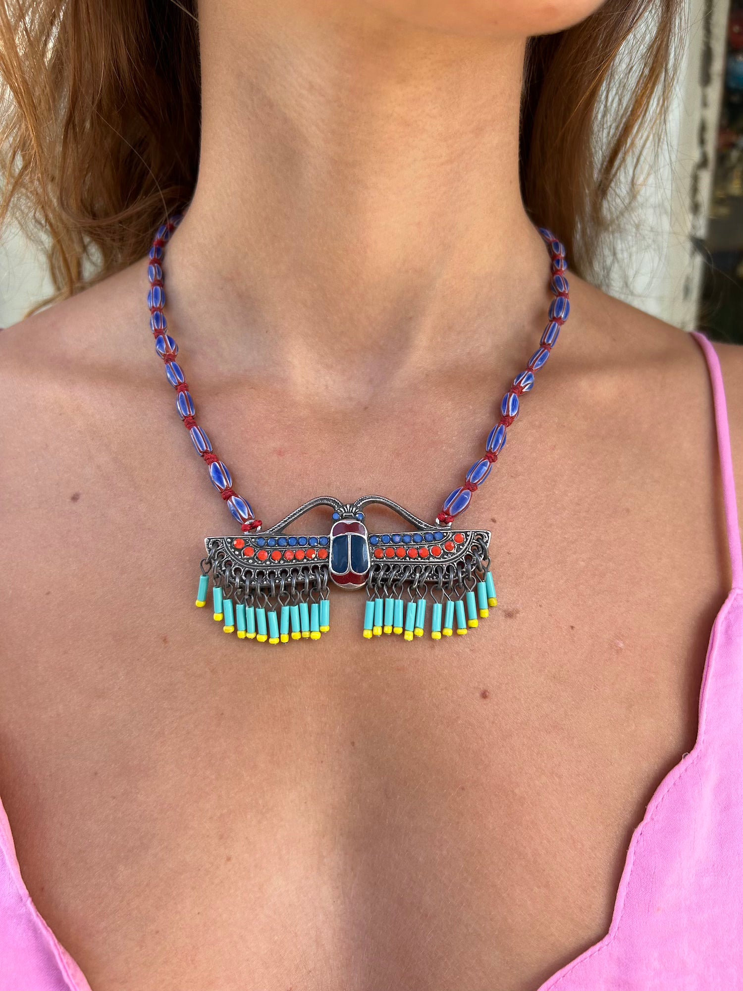 Flying Scarab Fringe Necklace