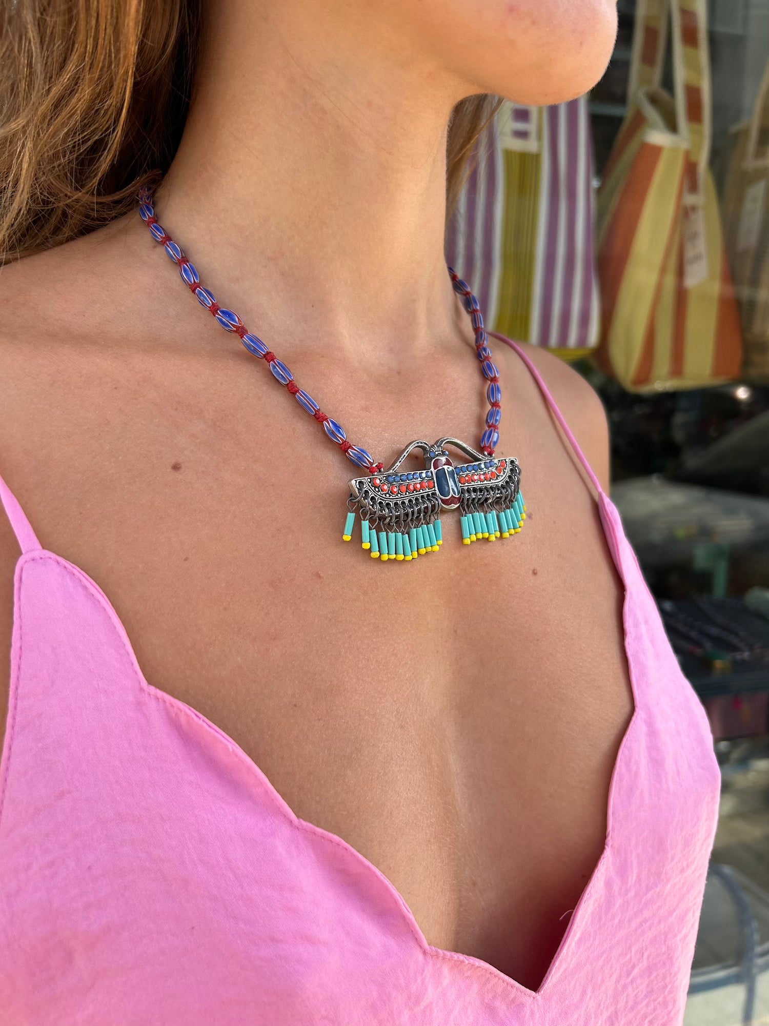 Flying Scarab Fringe Necklace