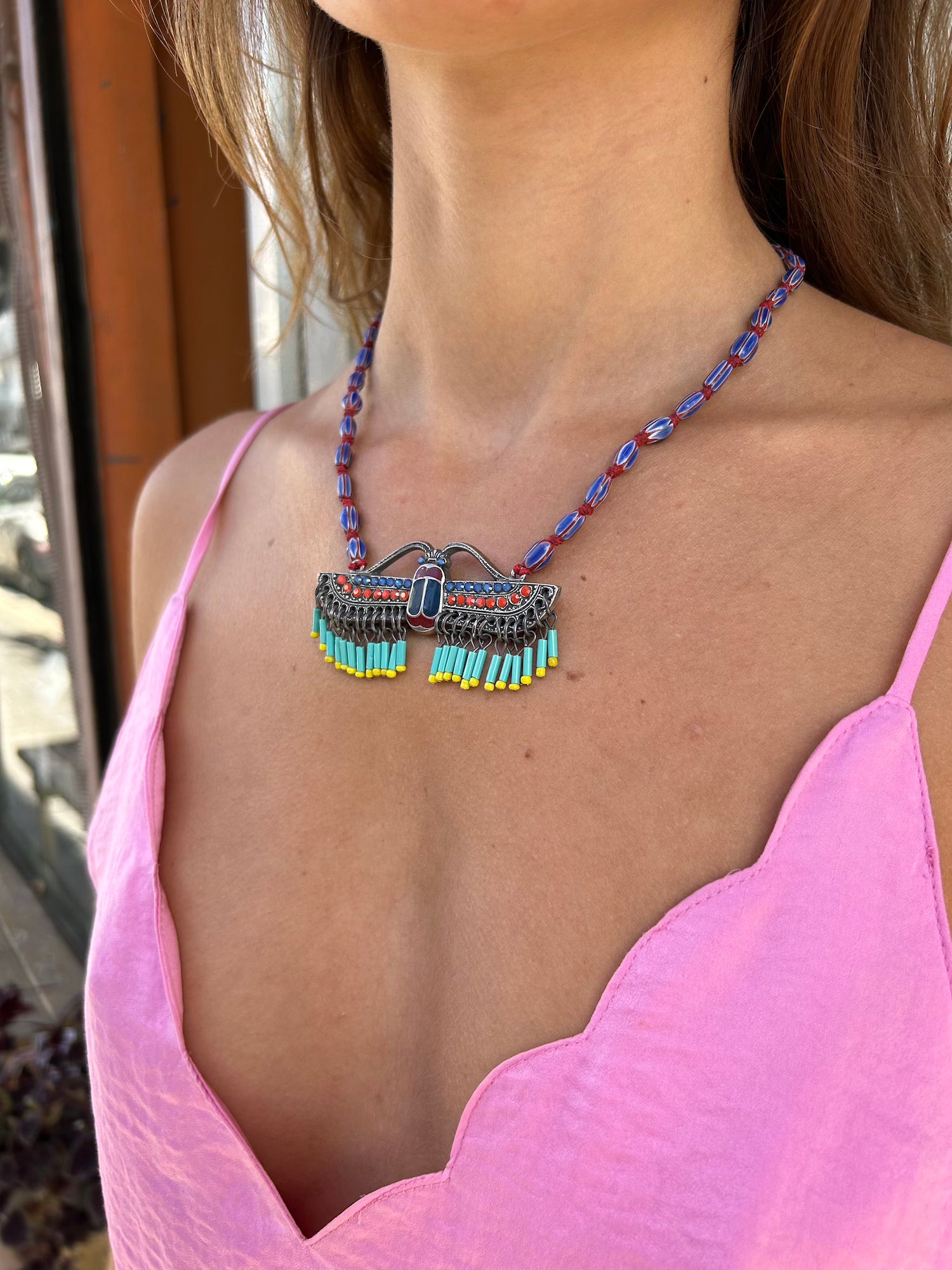 Flying Scarab Fringe Necklace