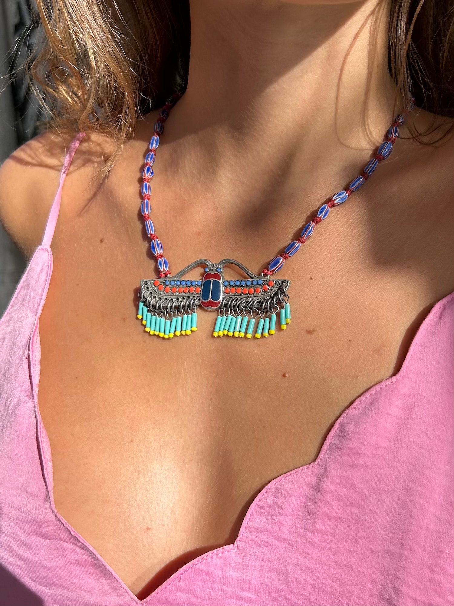 Flying Scarab Fringe Necklace