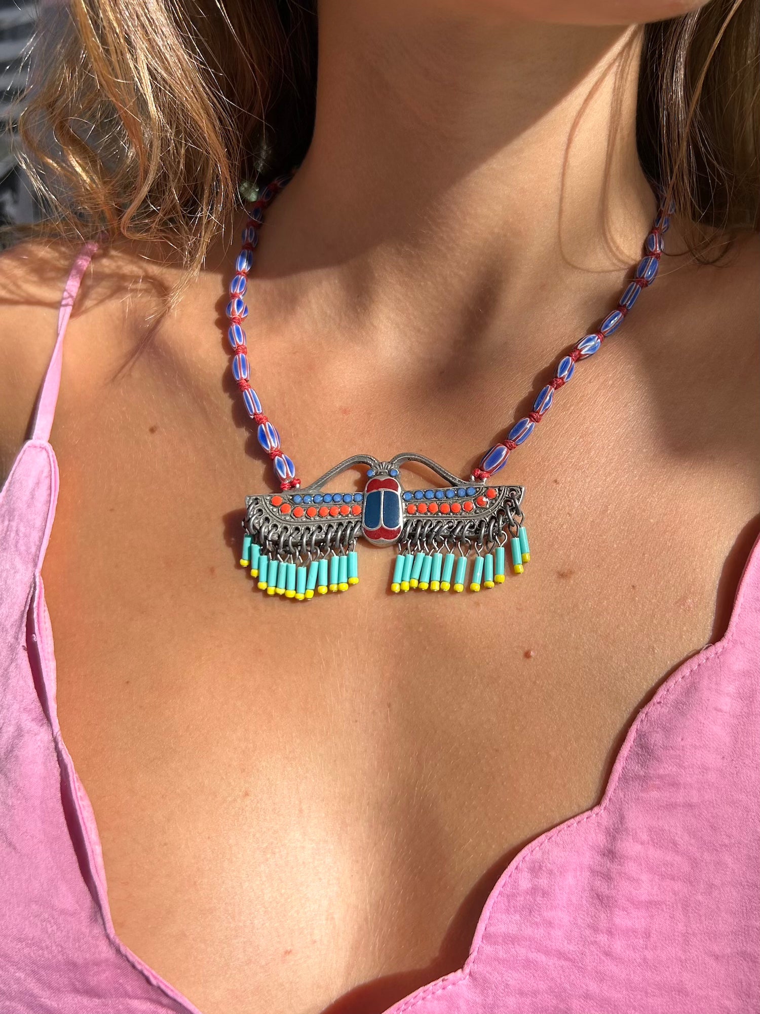 Flying Scarab Fringe Necklace